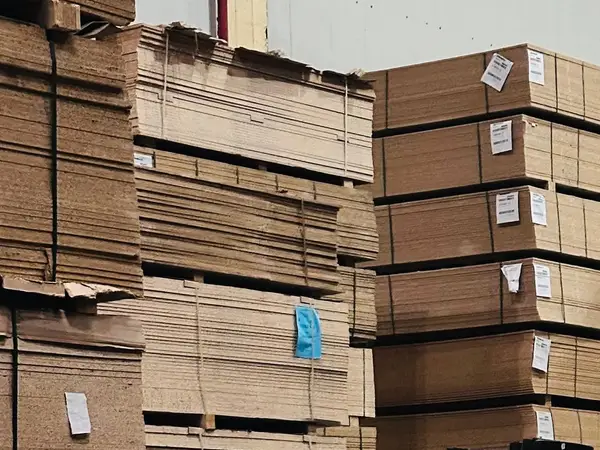 Stacks of brown board in a warehouse with a forklift