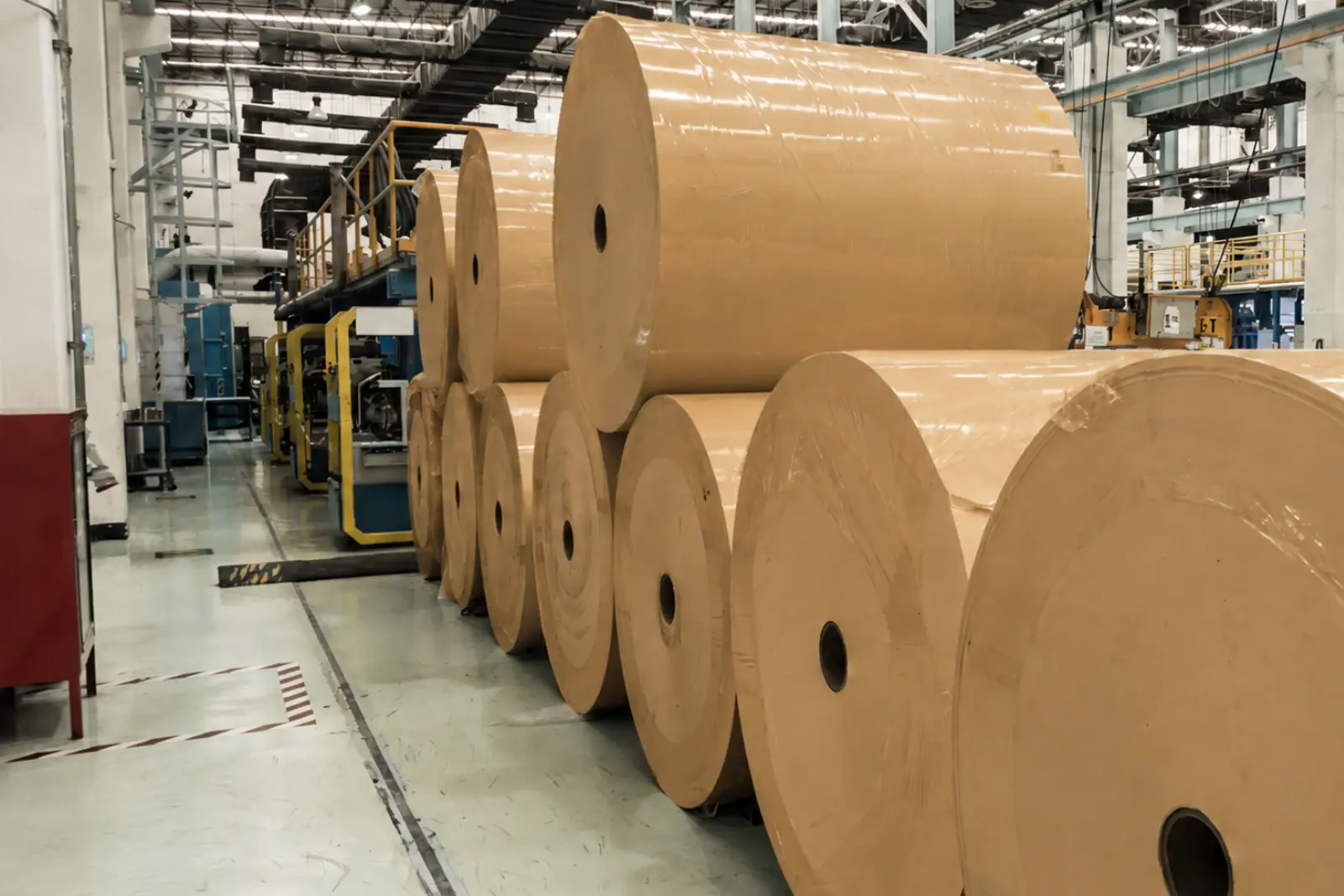 Jumbo reels of brown kraft paper in a paper mill
